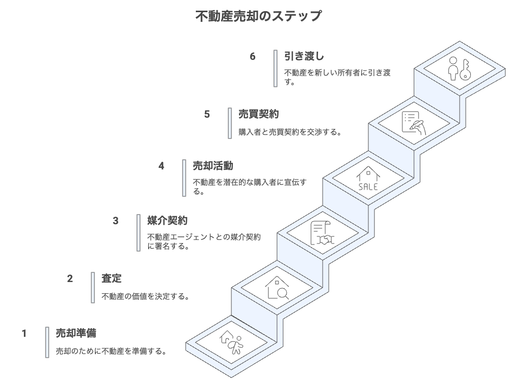 不動産売却の基本的な流れをつかむための、6ステップを示した図解。我孫子市で家や土地を売却する際の基本的な流れを視覚的に説明したイメージ図